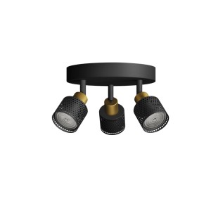 Philips Spot Niall, 3-flammig, rund, schwarz-gold. Moderne Deckenleuchte mit perforierten GU10-Spots.