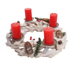 MCW Adventskranz aus Holz, Ø 40cm, weiß-grau, mit roten Kerzen und Deko.