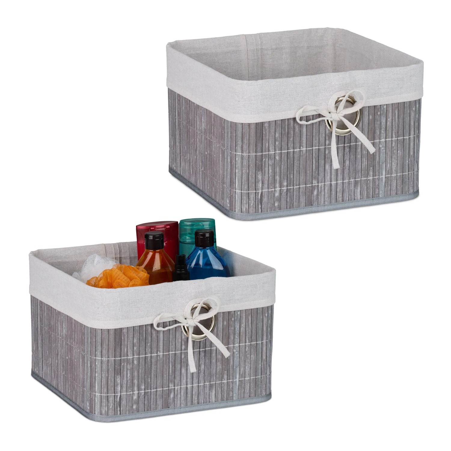 Relaxdays Aufbewahrungskorb Set Bambus Grau mit Stoffeinlage 2er Pack 20 cm x 31 cm x 31 cm 0,48 kg