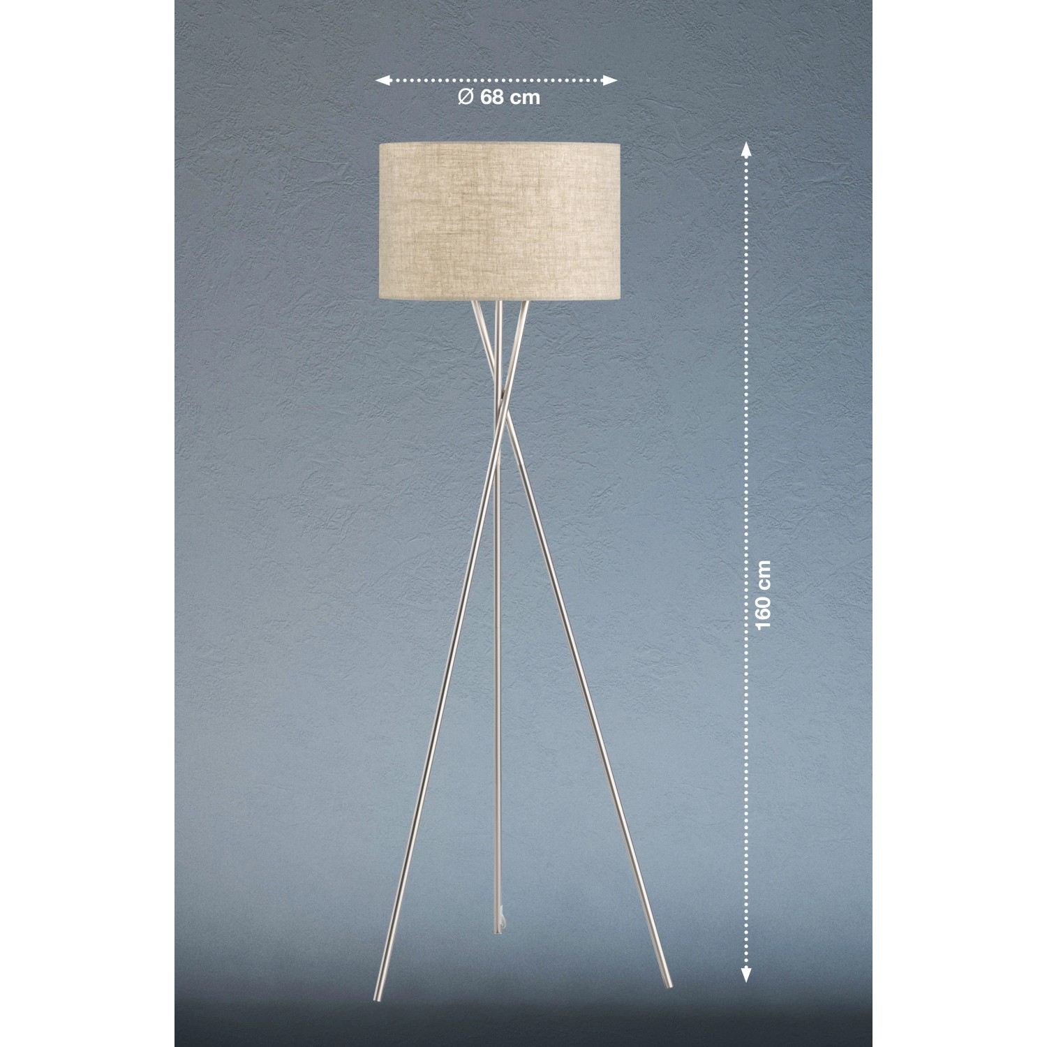 Fischer & Honsel Stehleuchte Wotan Mit 3 E27 Fassungen – Nickelfarben, Sandfarbener Stoffschirm (68x68x160 Cm)