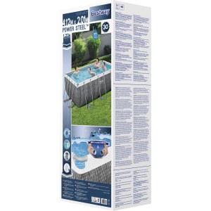 Verpackung des Bestway Frame Pool-Set Power Steel in Rattan-Optik, eckiger Stahlrahmenpool.