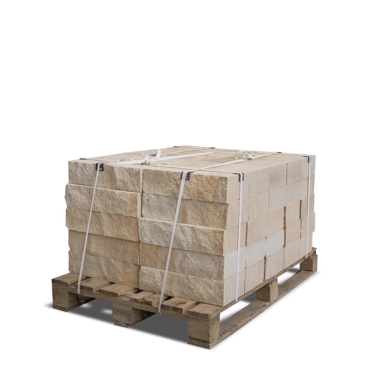 Palette Galamio Sandstein Randsteine, 40x20x10 cm, gesägt und gebrochen, beige-gelb.