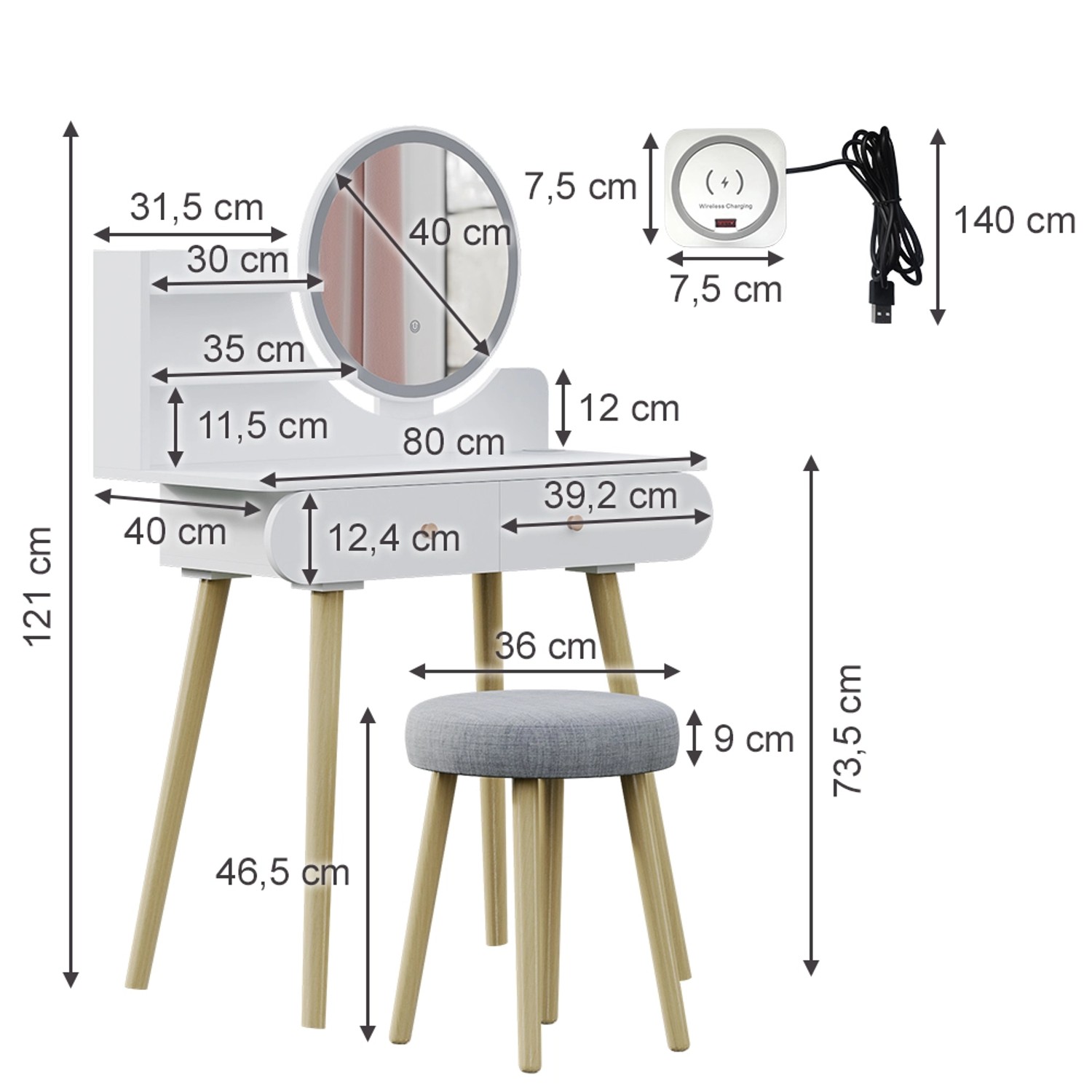 Vicco Schminktisch Edda Weiß 80 cm mit LED-Spiegel und QI-Ladestation günstig online kaufen