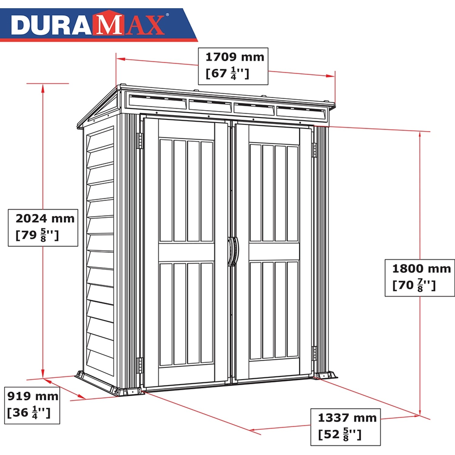 Abbildung des Duramax Kunststoff-Gartenhauses YardMate Pent Grau 1,6 m² mit Maßangaben.