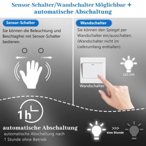 Aica Badspiegel: Sensor- & Wandschalter-Optionen, automatische Abschaltung für LED-Beleuchtung.