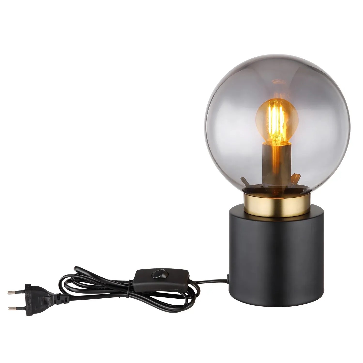 Globo Tischleuchte Marka, schwarz/messing, Ø 15cm. Design-Tischlampe mit rundem, grauem Glasschirm.