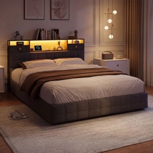 Graues Polsterbett 140x200 mit Stauraum, LED-Beleuchtung und USB-Anschluss im Kopfteil.