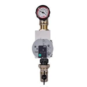 Wilo Hocheffizienz-Heizungspumpe Para 25/6-43/SC BL180 mit Thermometer und Kugelhähnen für Heizungs-Installation.
