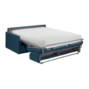 Dunkelblaues Schlafsofa Calife aus Samt, als Bett ausgeklappt, mit Memory-Foam-Matratze.