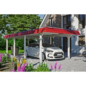 Weißer Skan Holz Carport Wendland mit rotem Dach und Auto. Einzelcarport aus Holz mit Alu-Dach.