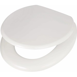 Weißer WC-Sitz Vipos mit Holzkern und robusten Kunststoff-Scharnieren.