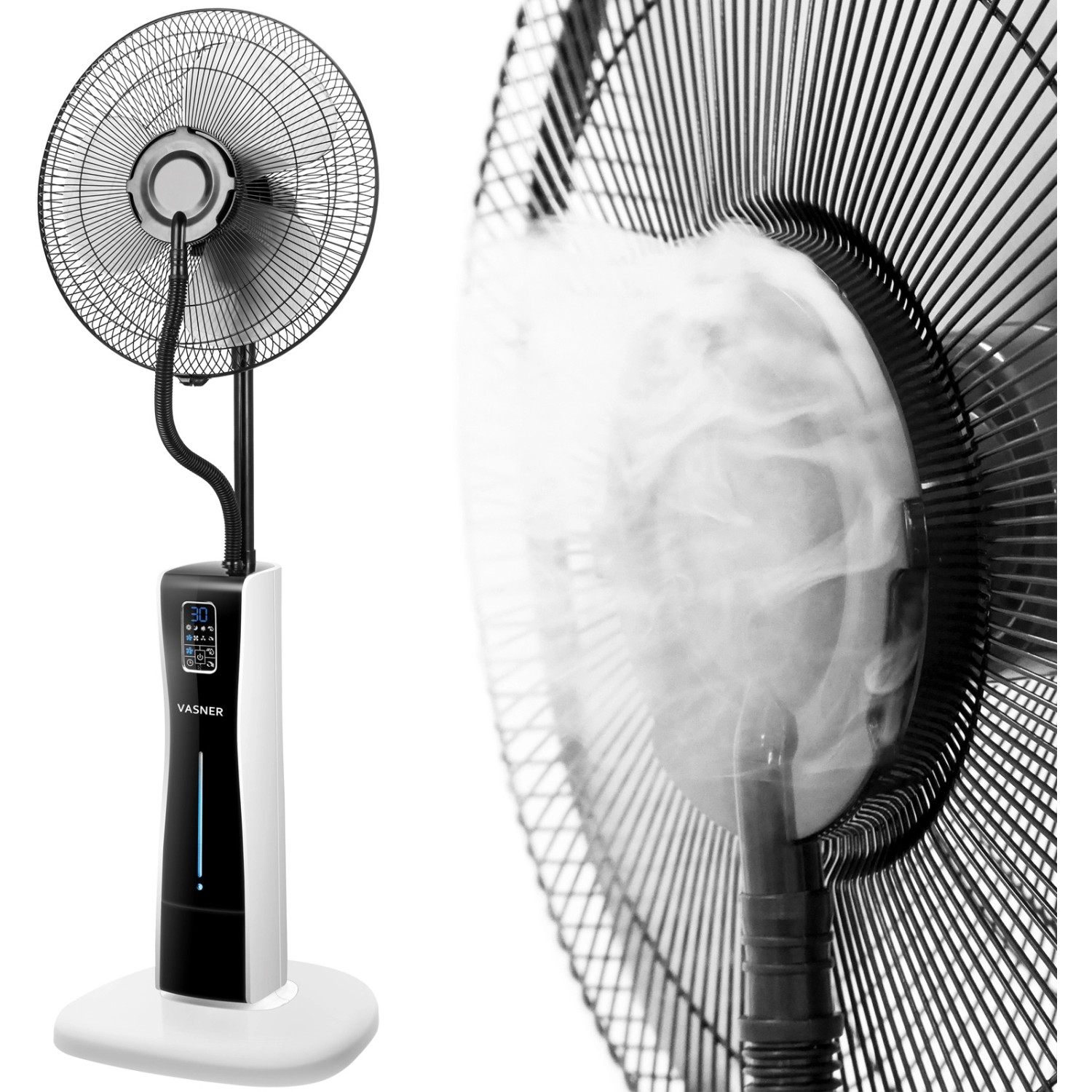 Vasner Standventilator Cooly mit Sprühnebel, weiß-schwarz. Ventilator mit digitalem Display und Fernbedienung.