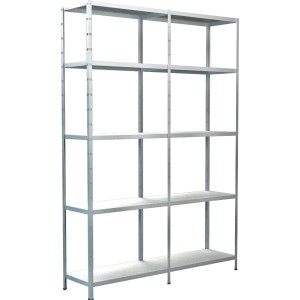 Weißes Schulte Steckregal Set mit 5 Böden, 200x140x35 cm, ideal für Keller, Garage oder Werkstatt.