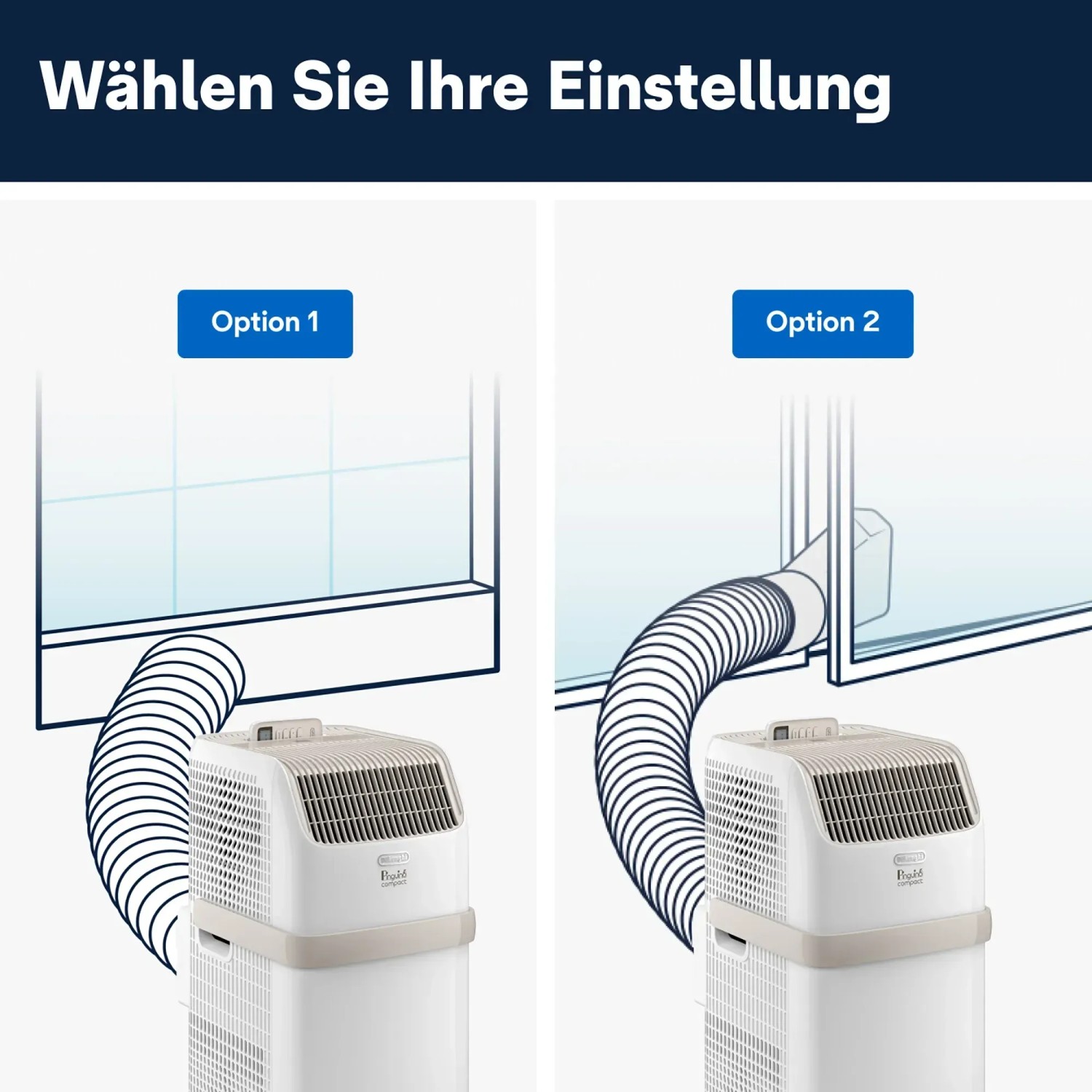 DeLonghi Klimagerät Pinguino: Zwei Optionen zur Abluftschlauch-Installation am Fenster.