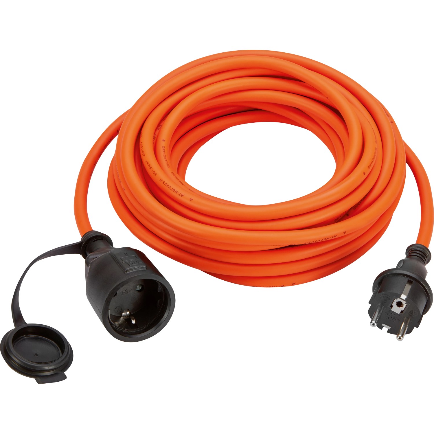 Orangefarbenes Verlängerungskabel für Außen, 10 m, mit Schutzkontaktstecker und -kupplung.