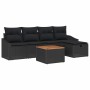 Schwarzes 6-teiliges Garten-Sofa-Set aus Poly Rattan mit Kissen und Tisch.