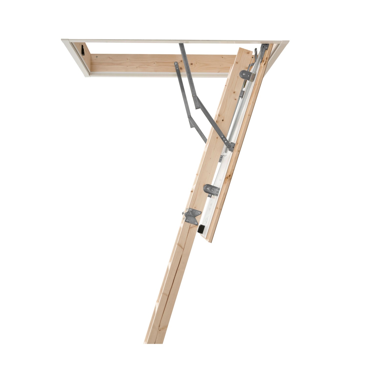 Dolle Dachbodentreppe Kompakt, 3-teilig, aus Holz mit Fußkappen, geöffnet.