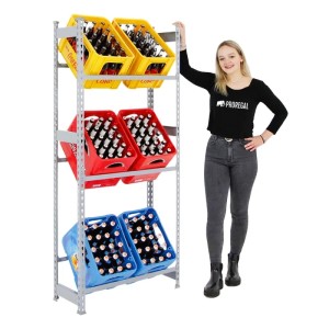 Graues PROREGAL Getränkekistenregal Big Camel mit gelben, roten und blauen Kisten.