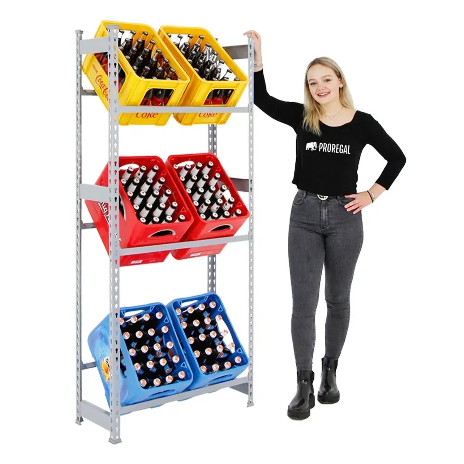 Graues PROREGAL Getränkekistenregal Big Camel mit gelben, roten und blauen Kisten.