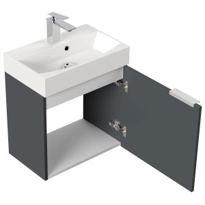 Posseik Badmöbel Cubi Slimline, 50 cm, Grafit mit offenem Schrank und Waschbecken.
