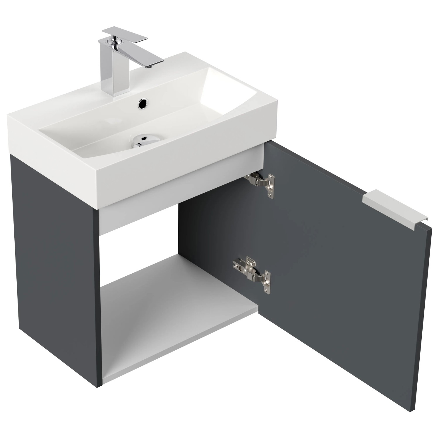 Posseik Badmöbel Cubi Slimline, 50 cm, Grafit mit offenem Schrank und Waschbecken.