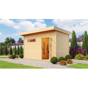 Naturbelassenes Weka Saunahaus Farsund mit Vorraum, 390x187 cm, ohne Ofen. Massivholz-Sauna mit Fenster und offener Tür.