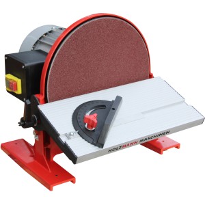 Holzmann Tellerschleifmaschine TSM250 230V mit roter Schleifscheibe und verstellbarem Schleiftisch.