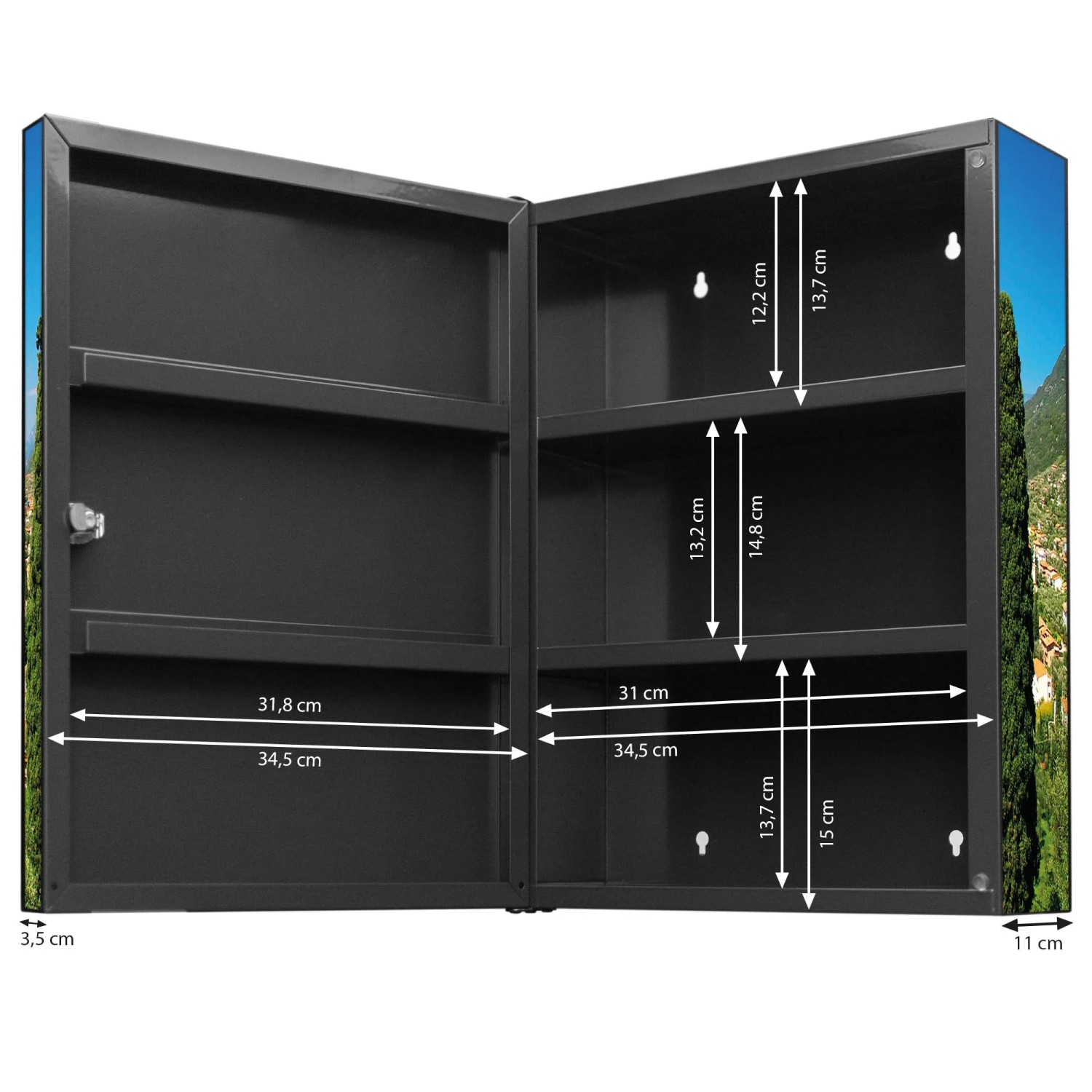 Offener, abschließbarer Banjado XXL Medizinschrank in Anthrazit mit Gardasee-Motiv und Innenfächern.