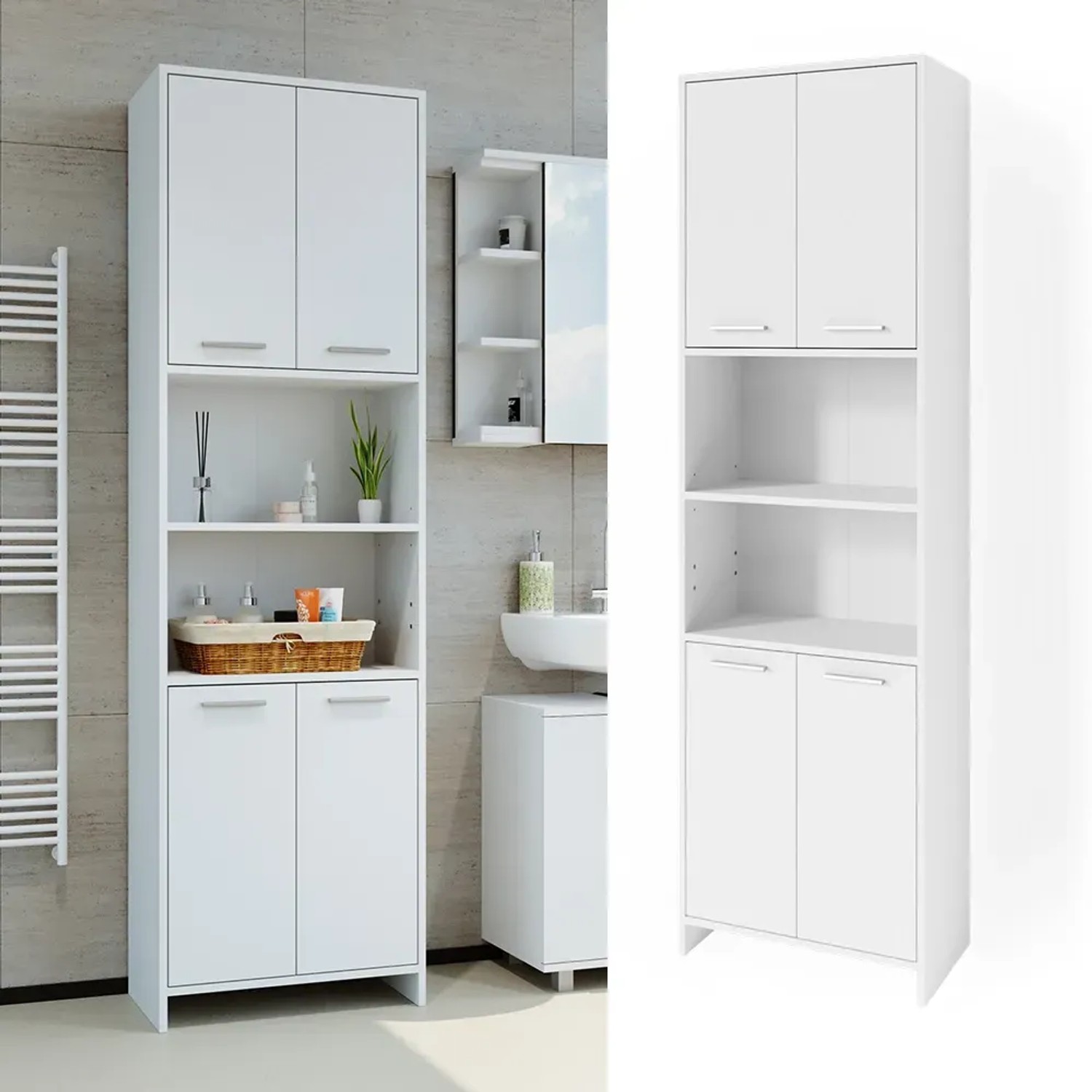 Weißer Vicco Badschrank Maris, 56x190 cm, mit Türen und offenen Fächern.