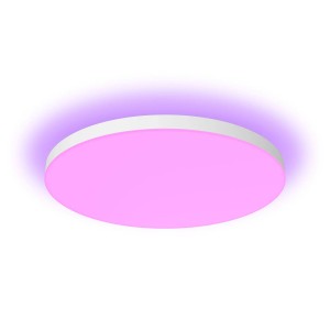 Runde Philips Hue Datura LED-Panelleuchte mit Farbwechsel und weißem Rahmen.