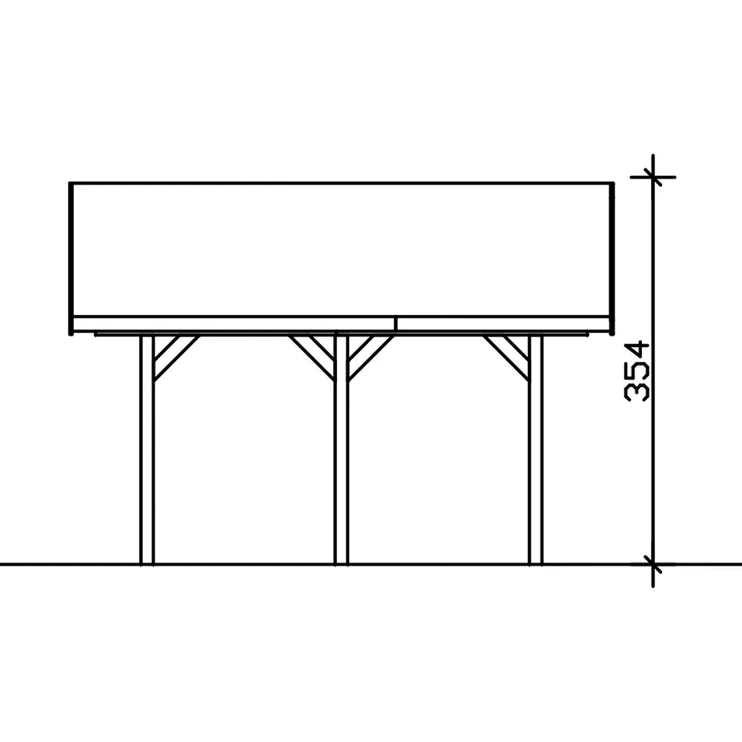 Skizze Satteldach-Carport Wallgau, 620x500 cm, Nussbaum, rote Schindeln, Seitenansicht mit Höhenangabe.