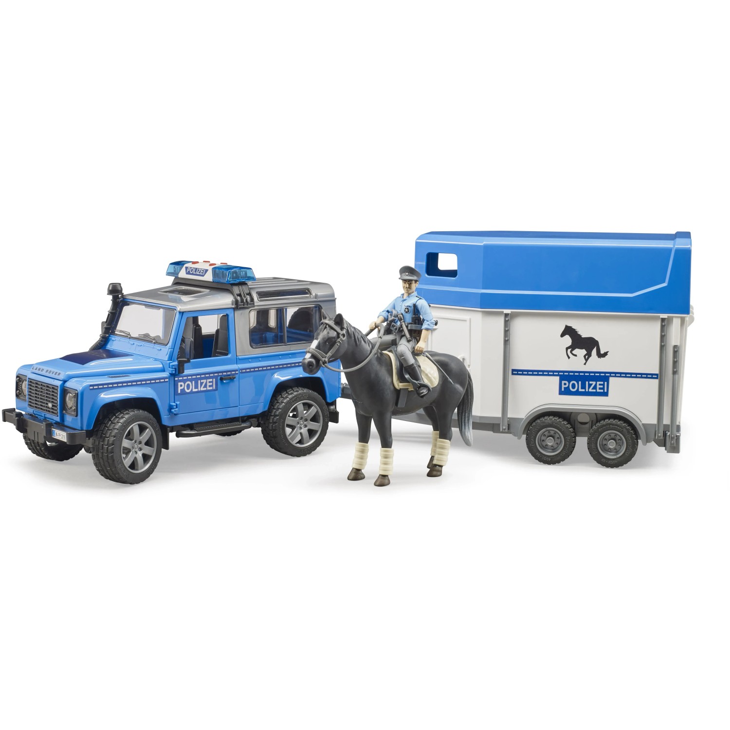 Bruder® Spielzeug-Auto Bruder 02588 Land Rover Defender Polizeifahrzeug, Pferdeanhänger, Pfer