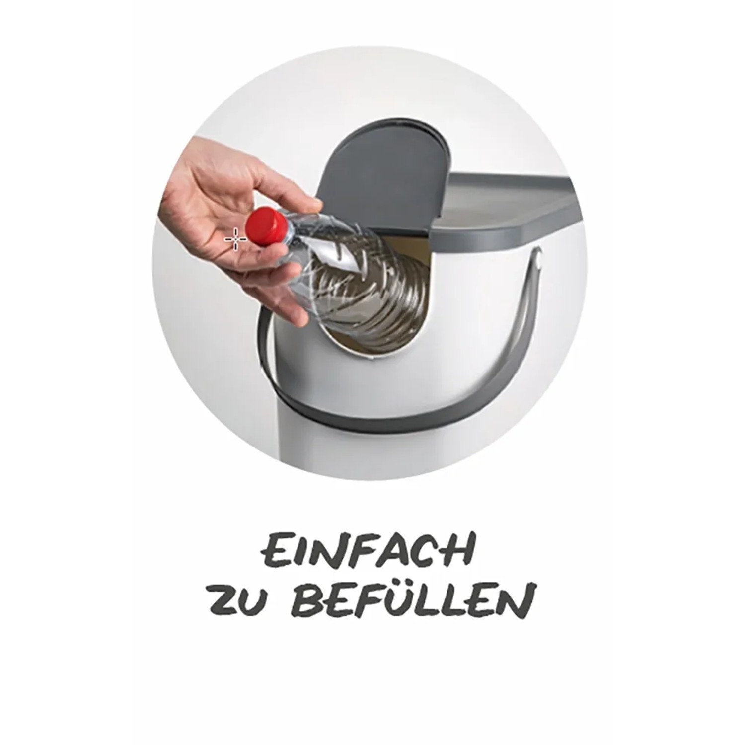 Weißer Rotho Albula Mülleimer 25L mit Hand, die eine Plastikflasche einwirft.