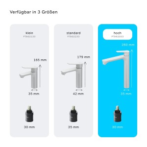 AM.PM Waschtischarmatur Hit, hoch, weiß. Größenvergleich der Waschbeckenarmaturen.