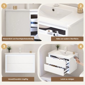 Weißes PXloue Badmöbel Set, 76 cm, wandhängend mit Waschbecken und LED-Sensor, zwei Schubladen.