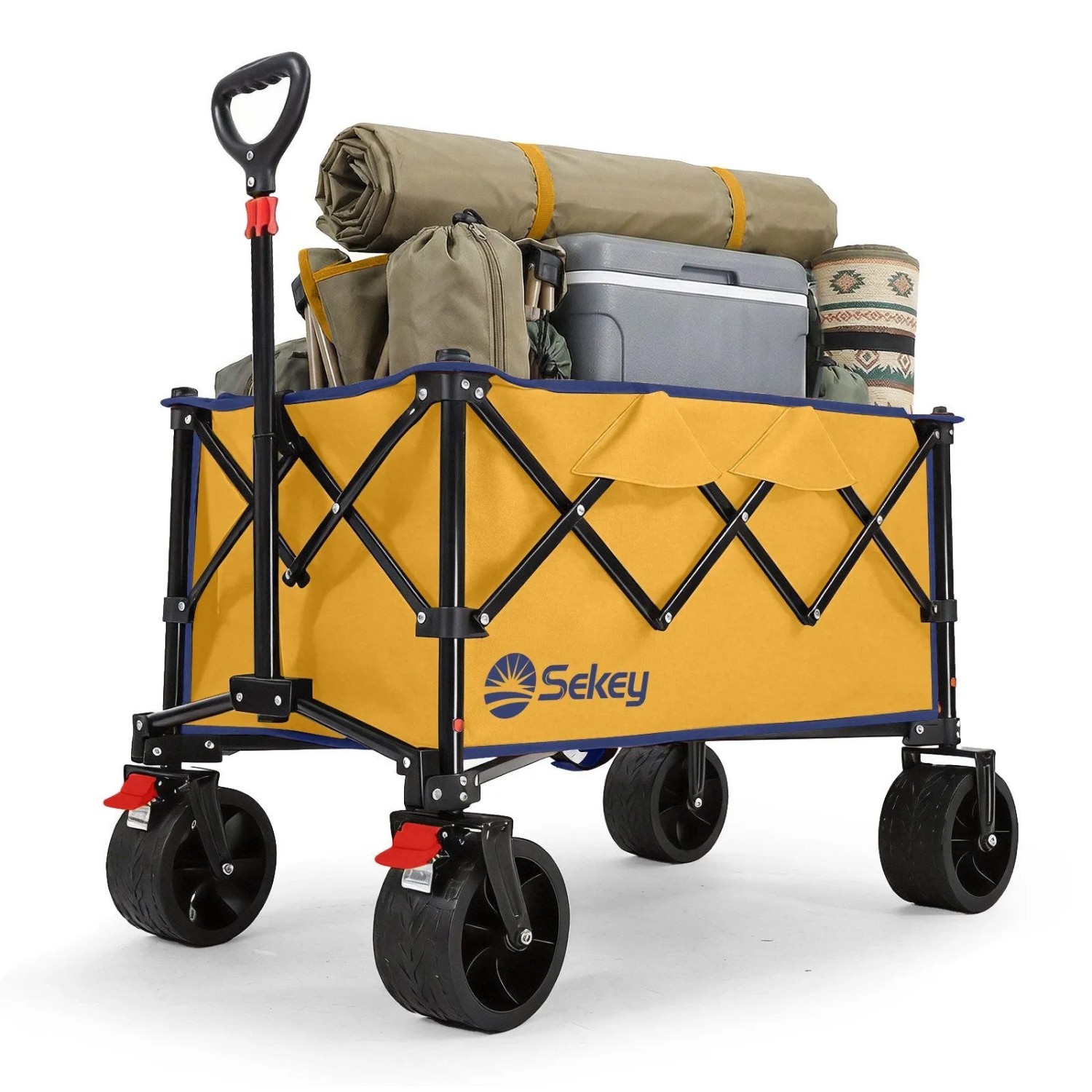 Sekey Campingwagen Faltbar Bollerwagen mit Breiten Reifen 150KG 135L Gelb