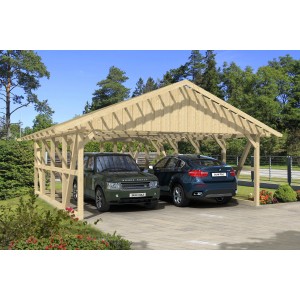 Skan Holz Carport Schwarzwald mit Abstellraum und zwei geparkten Autos.