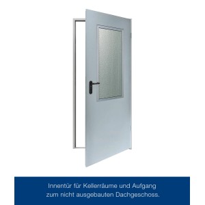 Geöffnete, verzinkte Hörmann ZK Innentür mit Drückergarnitur und Glaseinsatz.
