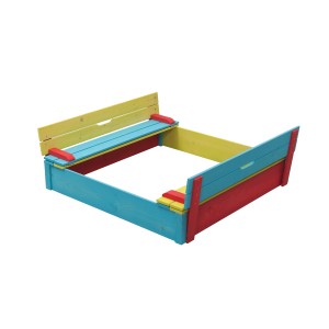 Farbenfroher SwingKing Sandkasten Sepp 120x120 cm mit Klappdeckel als Sitzbank.