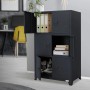 Anthrazitfarbener ML-Design Aktenschrank aus Stahl, freistehend, mit geöffneten Türen und Büroartikeln.