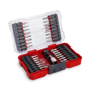 Einhell Bit-Set M-Case, 33-teilig, mit verschiedenen Schraubenzieher-Bits und Bithalter in roter Aufbewahrungsbox.