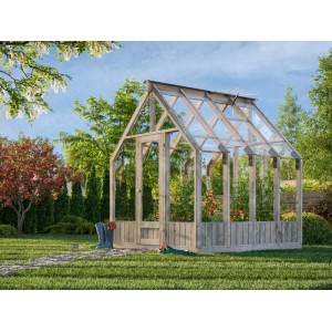 Palmako Gewächshaus Emilia 5 Grau, 5,4 m², im Garten. Holzrahmen mit Glas, Pflanzen im Inneren.