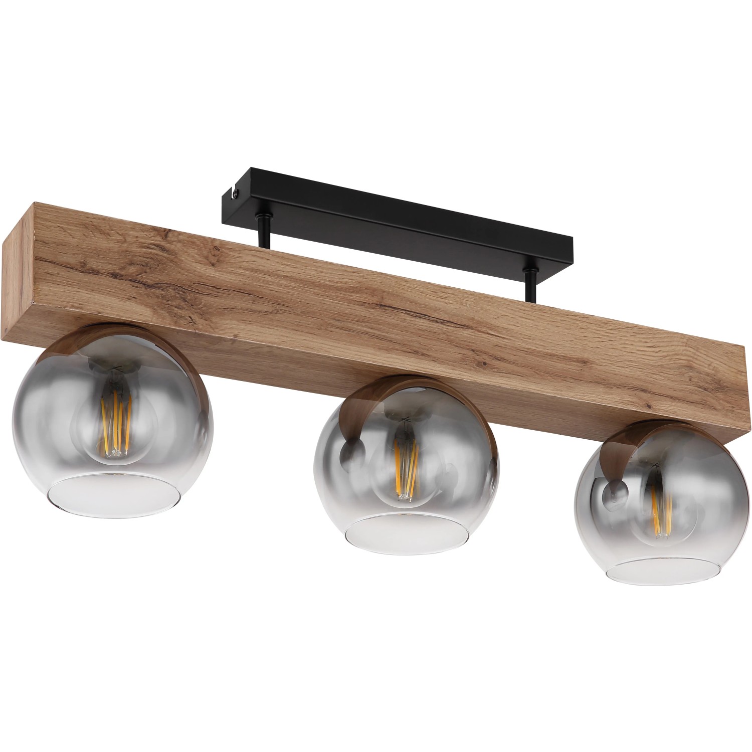Globo Deckenleuchte Moitas, 3-flammig, schwarz-matt mit Rauchglas-Schirmen und Holzoptik.