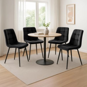 Vier schwarze Samt Esszimmerstühle Asti mit Metallgestell um Holztisch. Modernes 4er Set für Esszimmer.