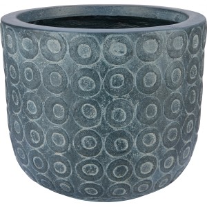 Dunkelgrauer, kantiger Pflanztopf aus Faserton mit Kreismuster, Ø 44,5 cm.