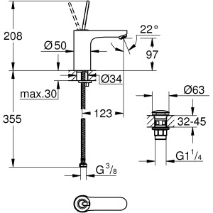 Technische Zeichnung: Grohe QuickFix Waschtischarmatur Get M-Size, Chrom, mit Maßangaben.