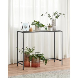 Schwarzer Songmics Konsolentisch Baris mit Hartglasplatte und Dekoration.