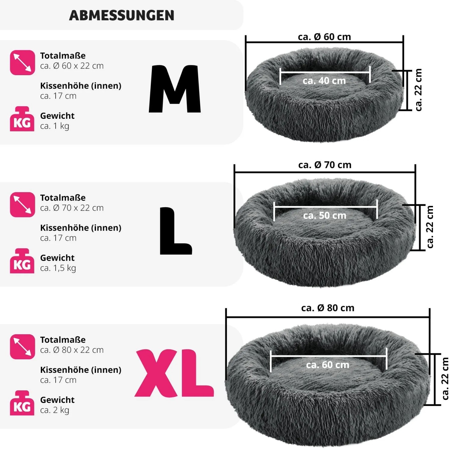 Graues Tectake Hundebett Maja mit Plüschrand in den Größen M, L und XL.