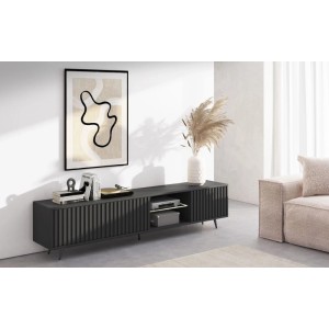 TV-Lowboard Bello 175 cm Schwarz / Lamelle mit LED und Schwarzen Beinen