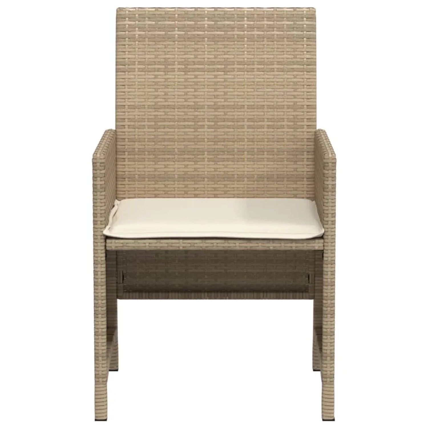 Beiger Gartenstuhl aus Polyrattan mit cremefarbenem Kissen, Teil des 3-tlg. Bistro-Sets.